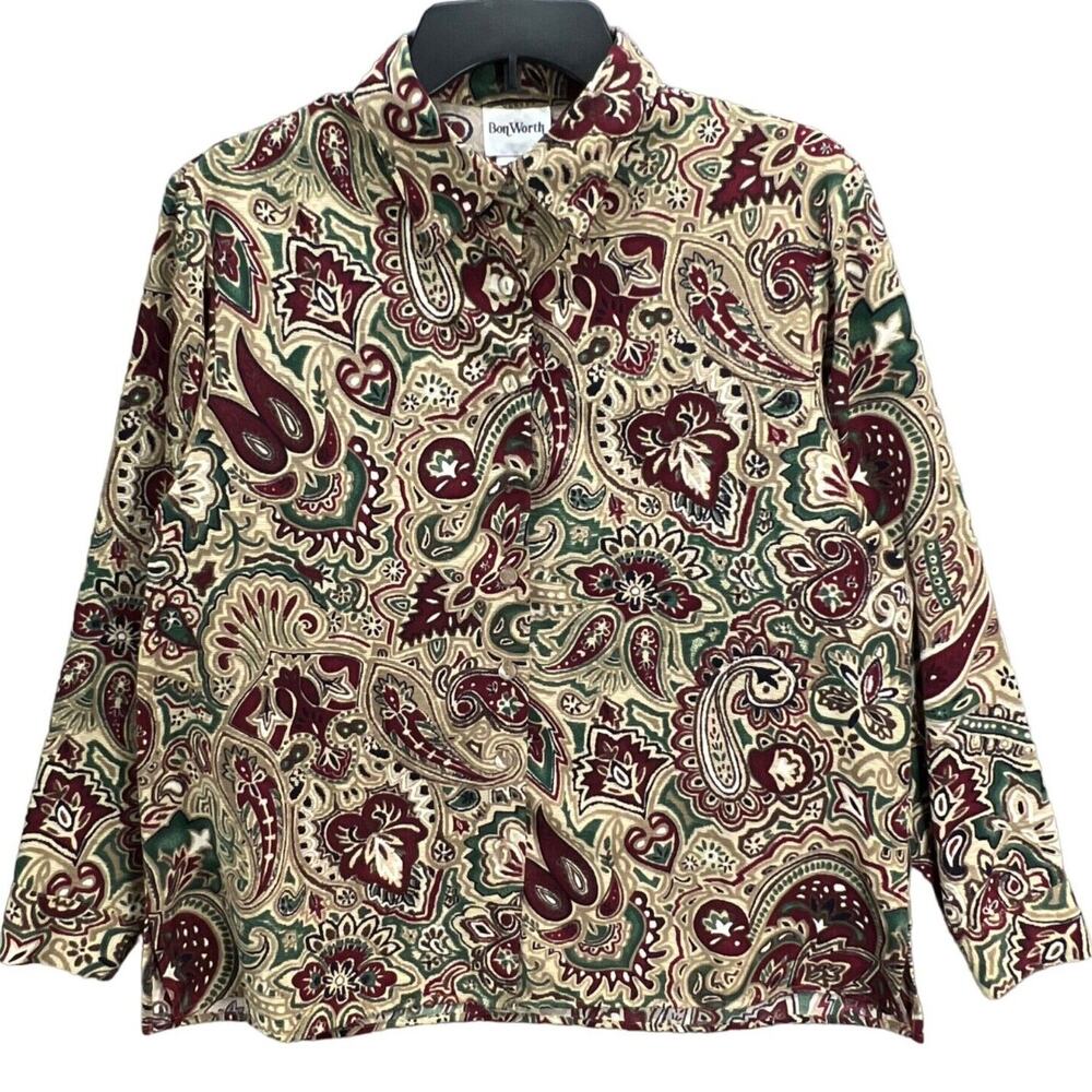 Vintage BonWorth Blouse Womens PM Tan Maroon Paisley‎ Shirt Boho Retro Old Money